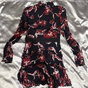 NICHOLAS Red and Navy Silk Floral Dress